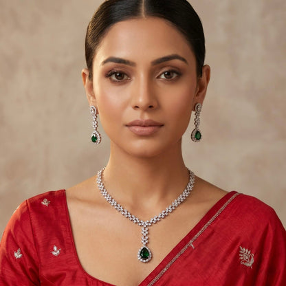 Emerald Drop with red dress model