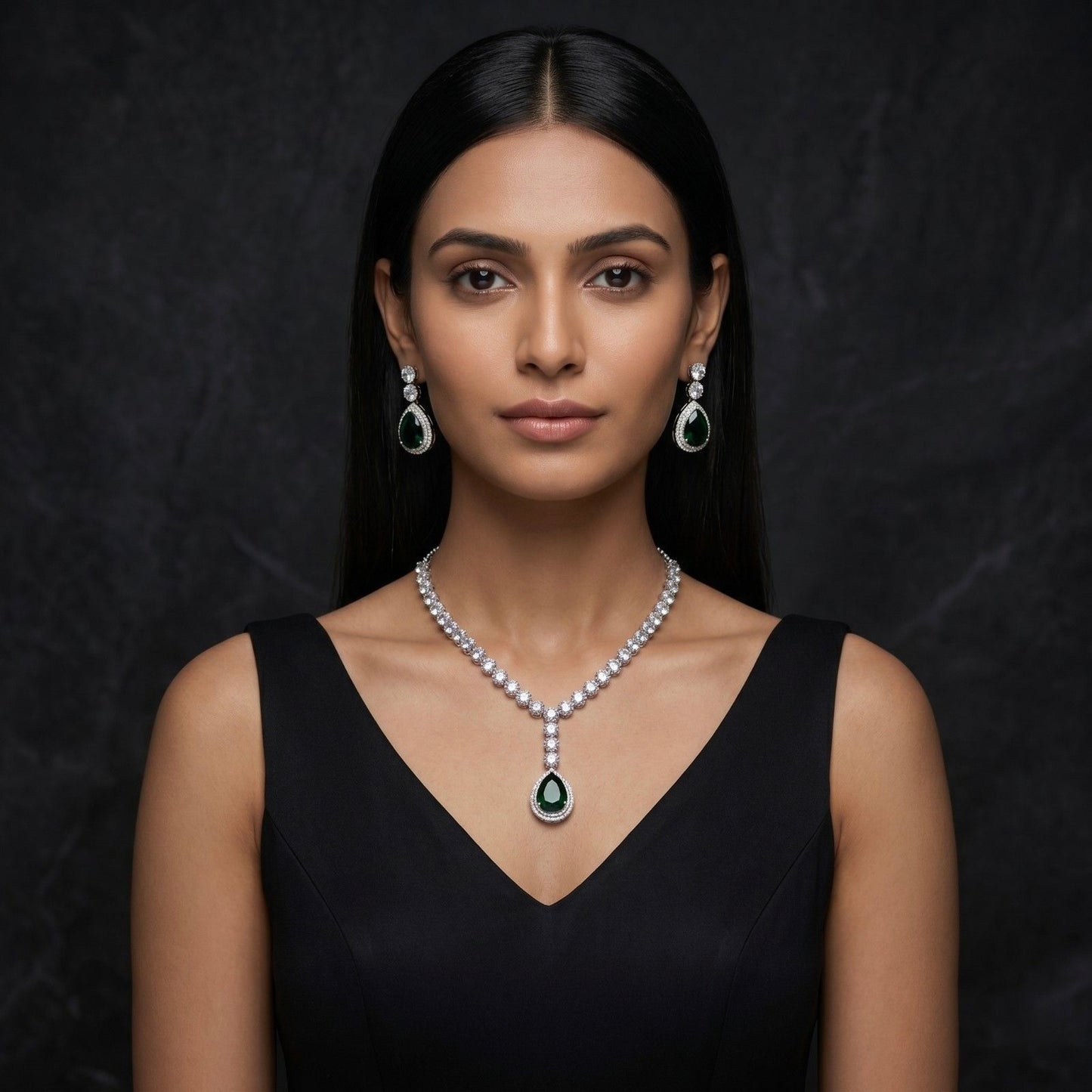 Emerald Royal Drop Pendant with model black dress