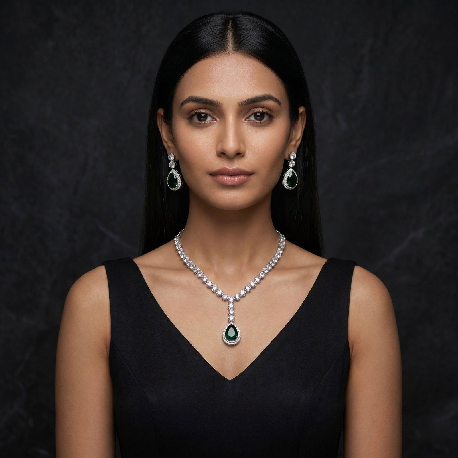 Emerald Royal Drop Pendant with model black dress